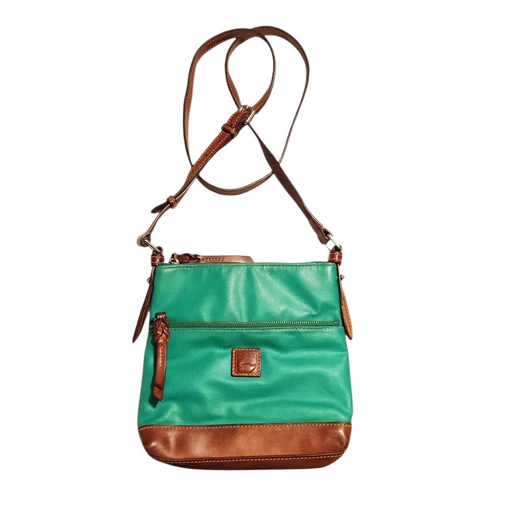 Dooney & Bourke Crossbody Purse Green w/ Brown Leather Trim Adjustable Strap